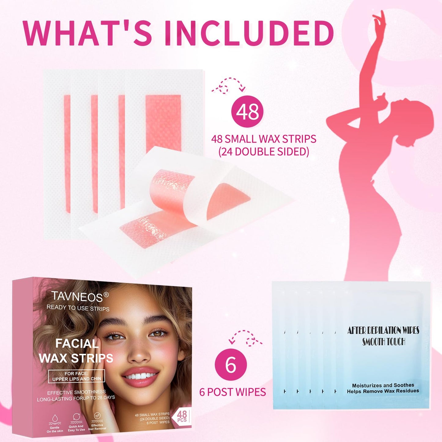 48PCS Facial Wax Strips for Hair Removal(48 Face+6 Soothing Wipes) Facial Hair Removal for Women, Waxing Kit for Women's Face, Bikini, Chest, Body, Arms, Legs, Back, & Brazilian