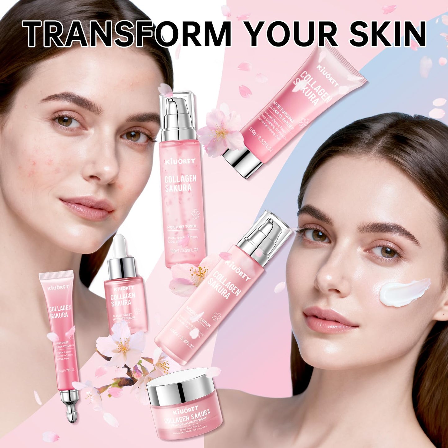 Sakura Skin Care Set - 6 PCS Cherry Blossom Skin Care Kit with Cleanser, Toner, Serum, Lotion, Eye Cream & Face Cream - Moisturizes Skin & Boosts Collagen - Korean Skin Care Set for Teen Girls & Women