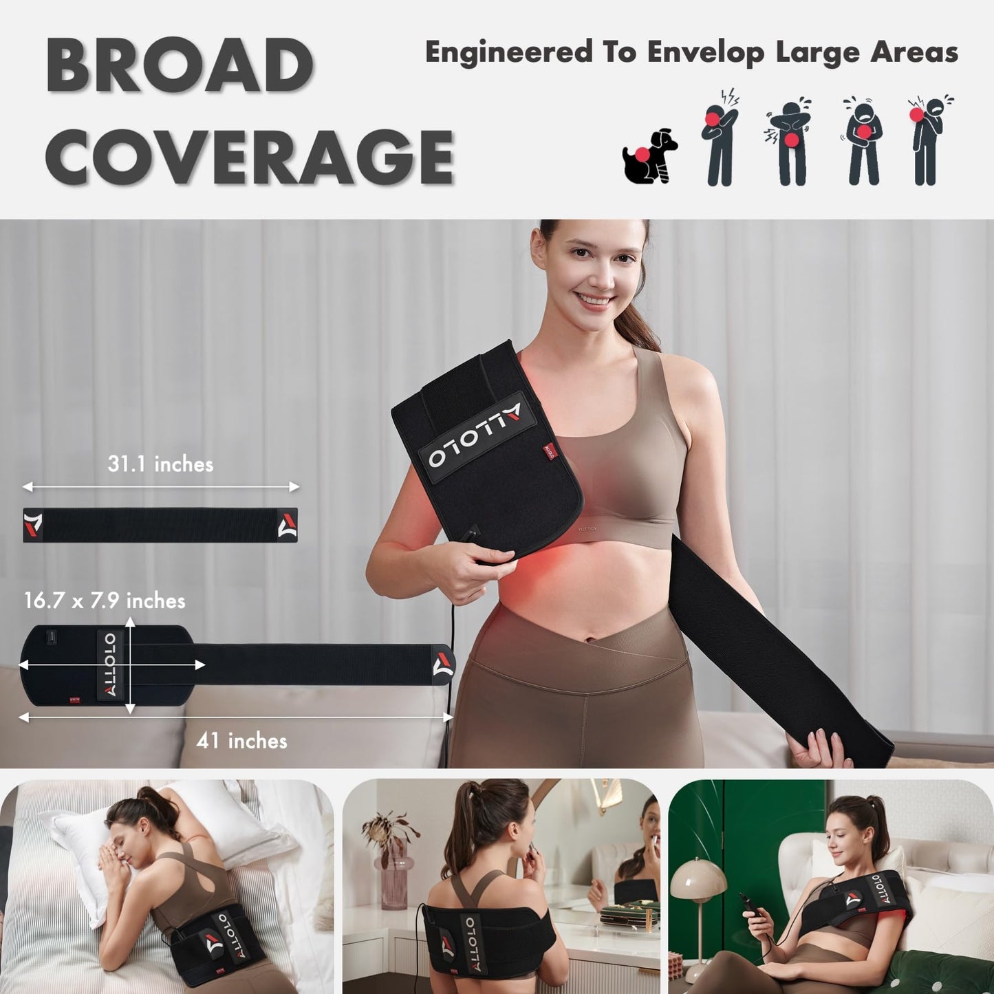 ALLOLO Red Light Therapy for Body, 16.7"*7.9" 660nm&850nm Infrared Red Light Therapy Belt with Pulse for Back Waist Muscle Pain Relief, 3-in-1 LED Bead with Controller Timer Gift for Women Men