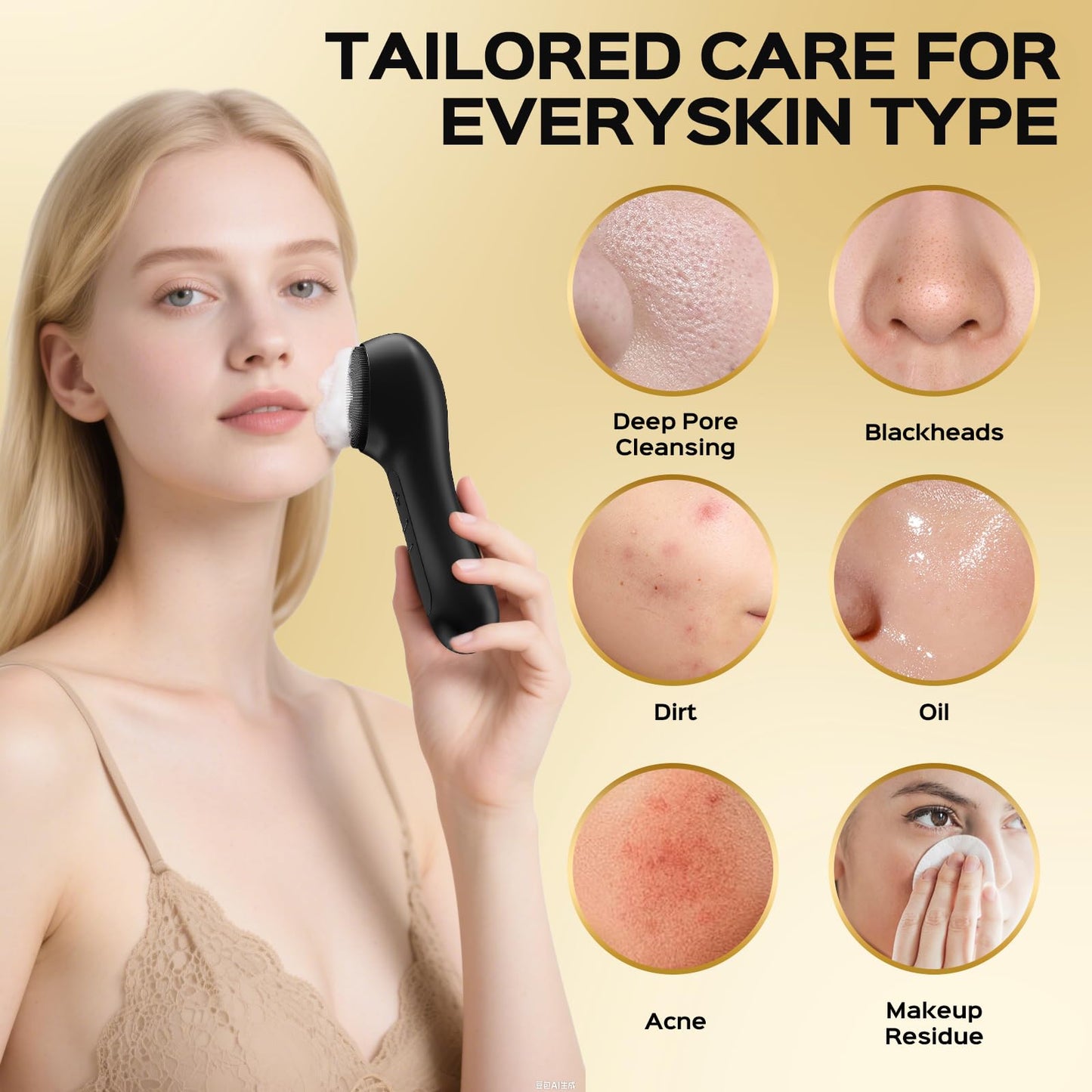 KIKONO Facial Cleansing Brush with Big Electric Round Brush Head - 2 in 1 Spin and Automatic Foam Patented Tech, Wide Surface Cleaning, Waterproof Rechargeable Face Scrubber for Men and Women