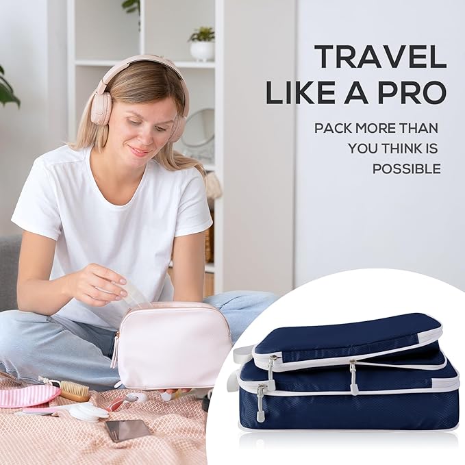 Compression Packing Cubes, 6 Set Packing Cubes for Travel Compression, Lightweight Compressible Package Organizer for Carry On and Suitcases, Navy and White