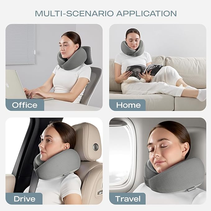 Skechers Memory Foam Neck Pillow, Comfortable & Breathable Travel Pillow,Neck Pillow Airplane for Travel, Car Rides, Home, and Office Use, Ergonomic Design for Men and Women,Grey