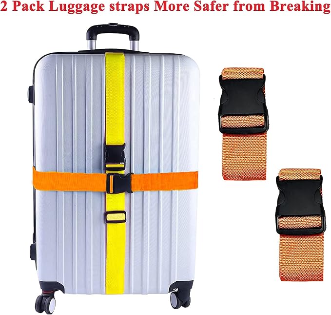 2 Pack Suitcase Belts, Adjustable Luggage Straps, Bright Colors Travel Packing Straps with Quick Release Buckle (Orange)