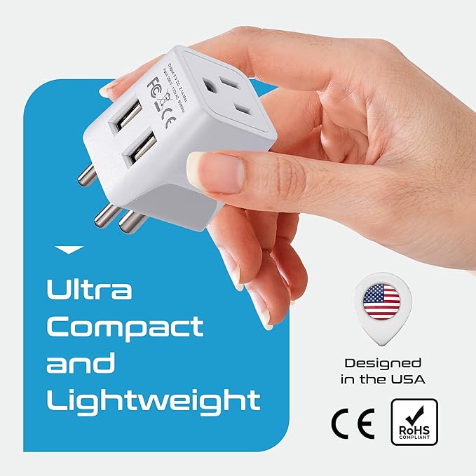 Ceptics India, Nepal, Bangladesh Travel Adapter Plug with Dual USB - Type D - Usa Input - Ultra Compact - Safe Grounded Perfect for Cell Phones, Laptops, Camera (CTU-10)