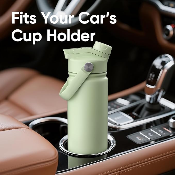 24 oz Insulated Water Bottle, 2-in-1 Lid, Straw & Spout with Protected, Leak Proof, Keep Cold, Stainless Steel, Metal, Reusable, Handle, for Travel, Gym and School, 2 Lids, Sage Green