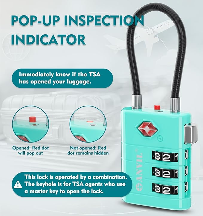 ANVIL TSA Approved Luggage Locks – High Security TSA008 Combination Travel Locks with Inspection Indicator for Suitcases and Backpacks. (3, Cyan)