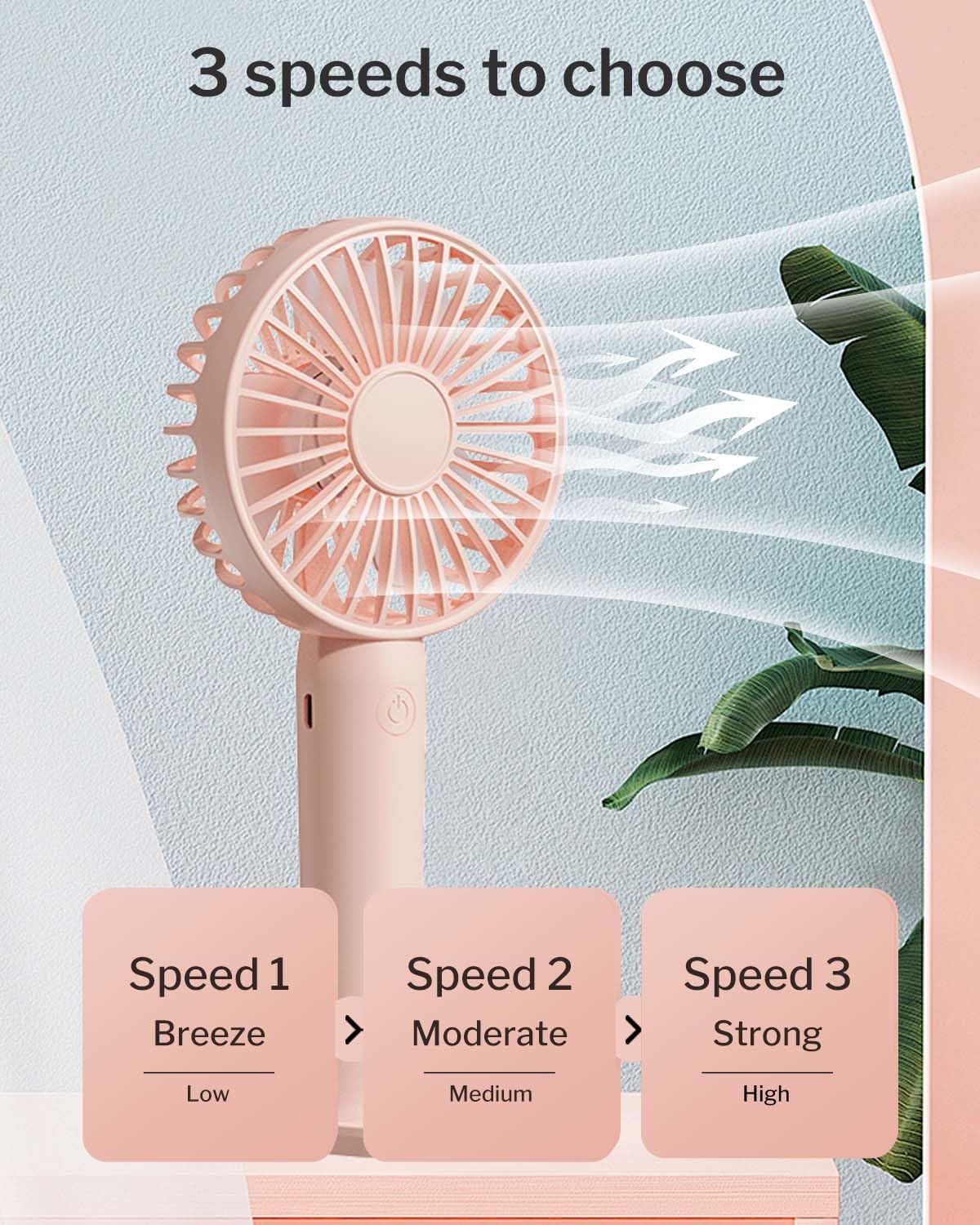 Linlinwill Portable Handheld Fan 2 Pack, USB Rechargeable Mini Fan, Ultra Quiet, 3 Speeds with Phone Holder Base, All Day Battery for Outdoor Indoor (Pink)