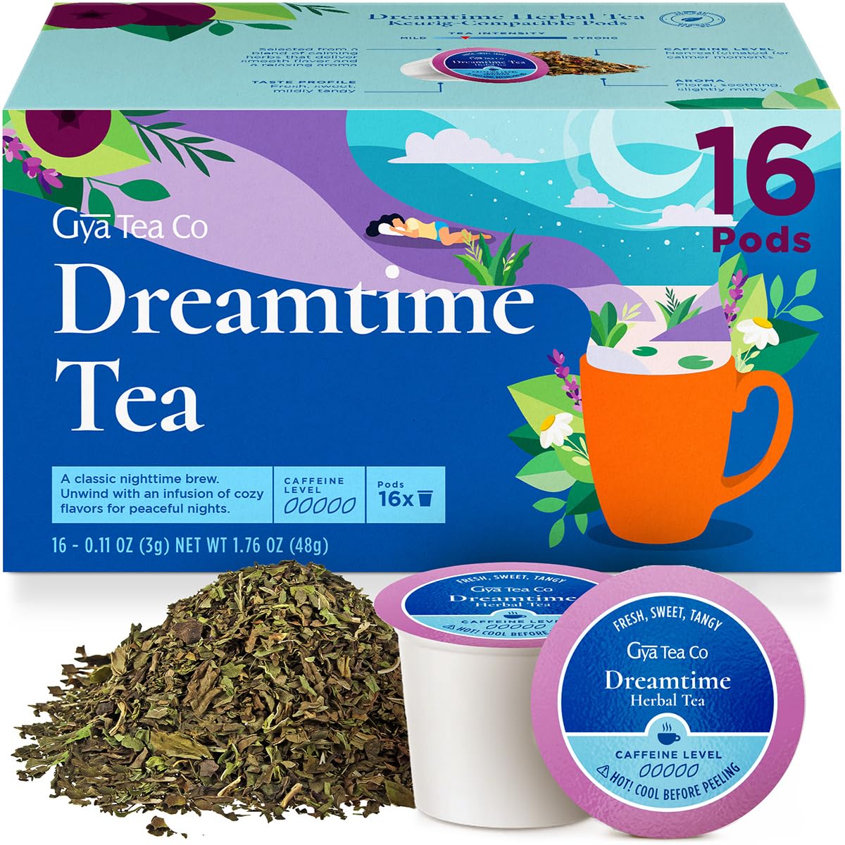 Gya Tea Co Dreamtime Herbal Tea Pod (16 ct) - Decaf Soothing Tea Blend of Chamomile & Lavender for Good Night's Rest of Calming & Relaxing