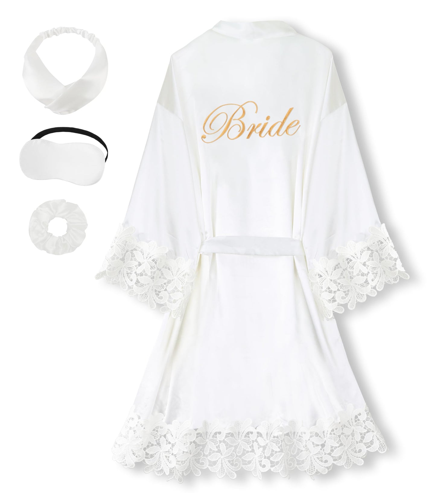 EPLAZA Bride Robe for Wedding Day Set Bridal Robe Lace Trim Silky Embroidery Satin Kimono for Bridal Party (White-Bride, Small-Medium)