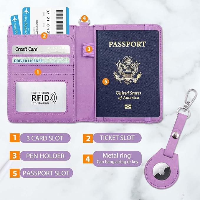 Cnycmy Passport Holder with Airtag,Passport-Wallet-Holder for Women, RFID Passport Holder with Slot Waterproof, PU Leather Travel Passport Case (purple1)