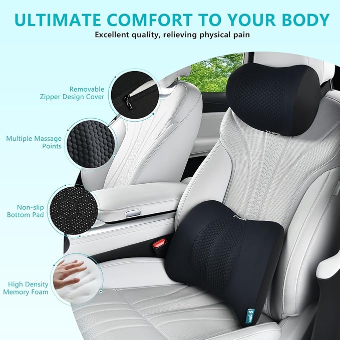 FLORICH Lumbar Support with Car headrest Back Pillow for Chair Headrest Pillow with Gel Memory Foam Massage Point Lumbar Support(Black)