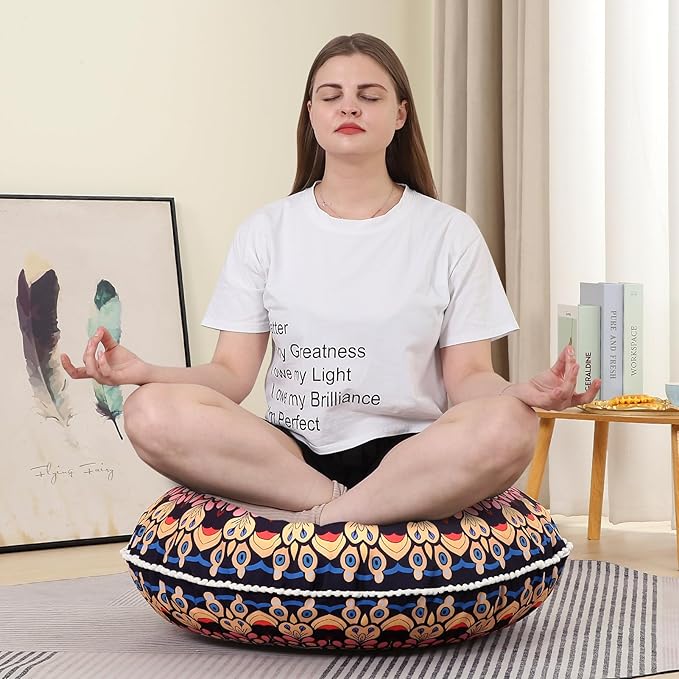 32 inches Meditation Floor Cushion for Adults, Round Large Thick Floor Pillow, Memory Foam Filling, Blue