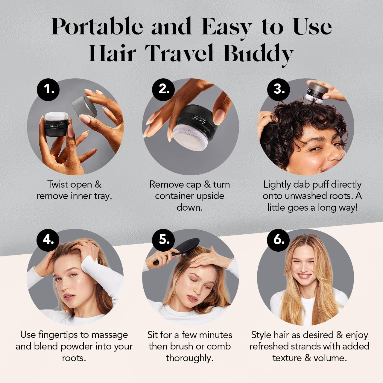 Kitsch Dry Shampoo Powder for Women & Men Dry Shampoo for Dark Hair w/Rice Protein - Unscented, Volumizing, No White Cast, Non Toxic, Non Aerosol, Organic, Paraben & Benzene Free, Travel Size - 8g