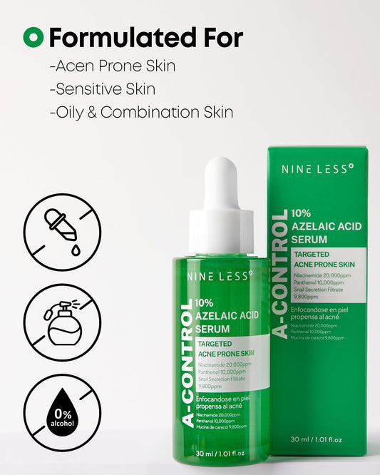 A-Control 10% Azelaic Acid Serum - Korean Acne Serum for Face - Calming Facial Treatment Clearing Breakout, Pimples - for Acne-Prone & Dull Skin, 1.01 fl.oz.
