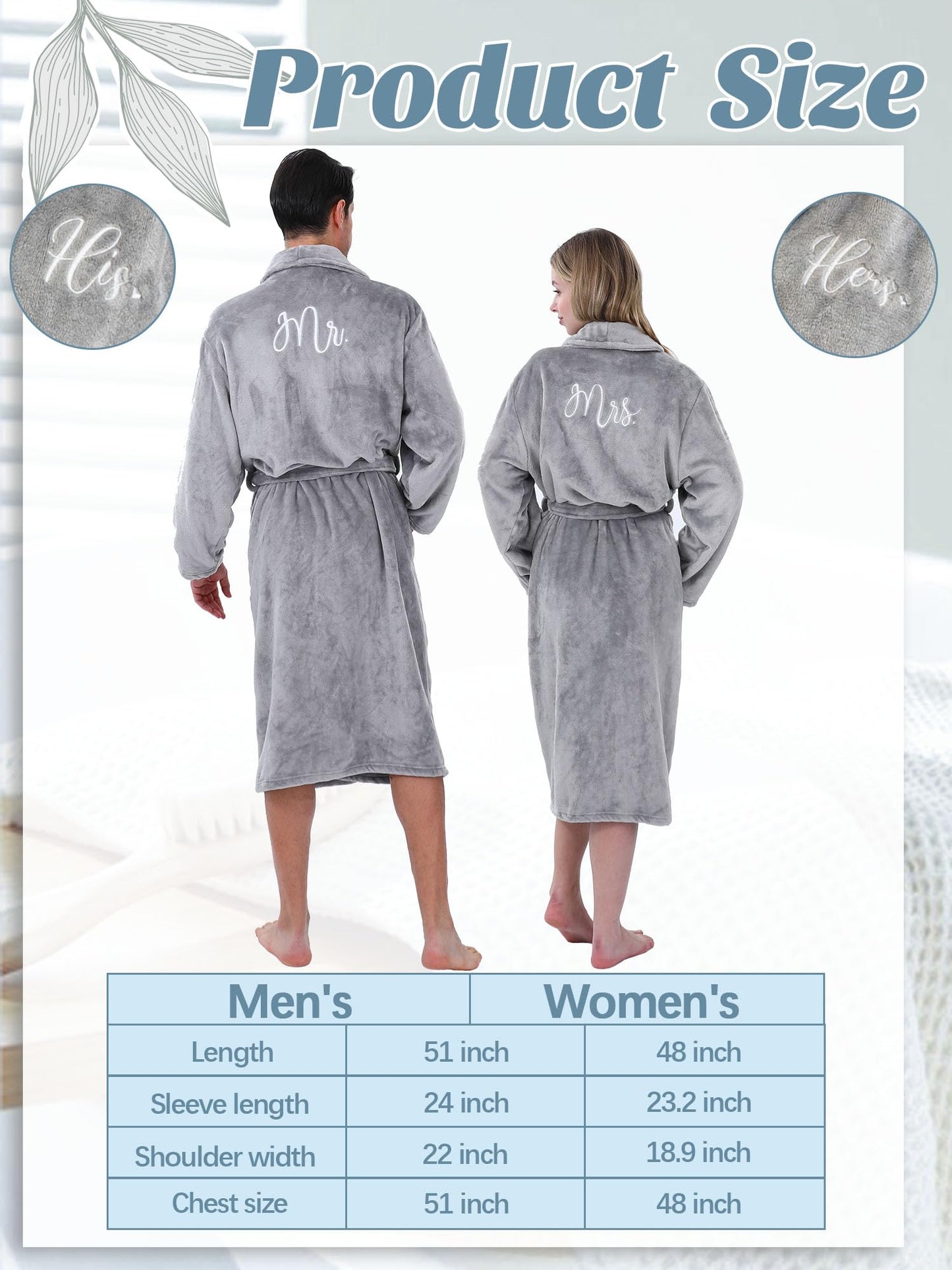 Jecery 2 Pcs His and Hers Robes for Couples Mr and Mrs Bathrobes Flannel Embroidered Matching Robes Wedding Engagement Gifts(Gray)