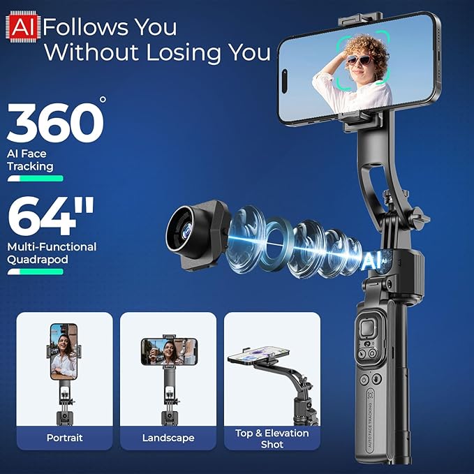64" Phone Tripod Quadrapod with Wireless Remote & AI Face Tracking - Adjustable Selfie Stick Compatible with iPhone & Android, 360° Gimbal, Gesture Control, Portable Phone Holder for Video Recording