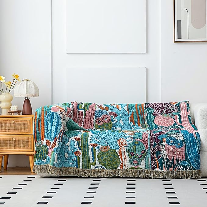 Boho Throw Blanket for Couch, 100% Cotton Cozy Warm Fall Throw Blankets, Ultra Soft Muslin Throw Blankets for Adults, Farmhouse, Boho Home Decors, 60"x80"