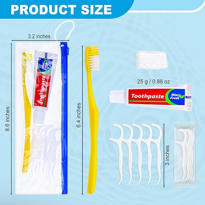 50 pcs Disposable Toothbrushes with Toothpaste and Floss Set,Yellow Individually Wrapped Bulk Single Use Toothbrush Floss Cover Travel Toothbrushes Kit with Zip Bag for Homeless,Hotel,Guest