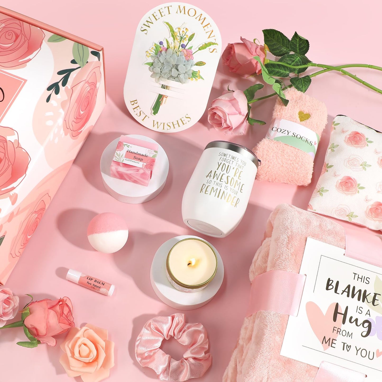 Birthday Gifts for Women, Self Care Gifts for Women, Relaxing Spa Gifts Basket Care Package w/Flannel Blanket, Unique Gifts Box for Mom Her Best Friend Sister Grandma Wife