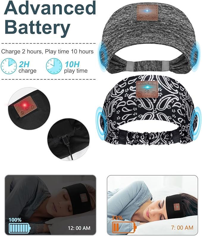 2-Pack Sleeping Headphones, Headband Headphones with Ultra-Thin HD Stereo Speaker, Bluetooth Headband for Sports, Workouts, Insomnia, Yoga, Air Travel, Meditation - Pattern Black&Grey