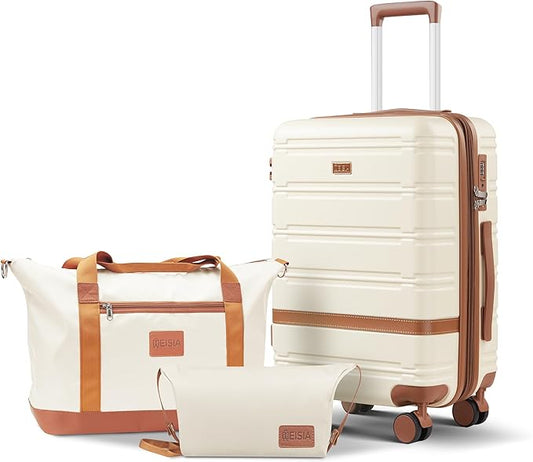 carry on Luggage Sets,20 Inch Expandable with TSA Lock Carry-on suitcases with spinner wheels,Hard Shell Travel Luggage airline approved (Beige, 3 Piece Sets (20/DB/TB))