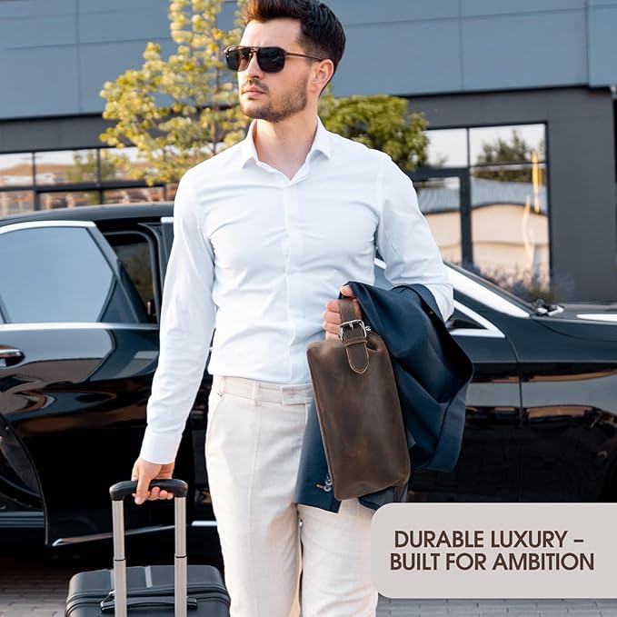 100% Genuine Leather Toiletry Bag for Men - Premium Handmade Crazy Horse Grain Leather - Best Gift for Men- Travel Toiletry Organizer - Shaving Bag for Toiletry Hanging Dopp Kit for Father Husband