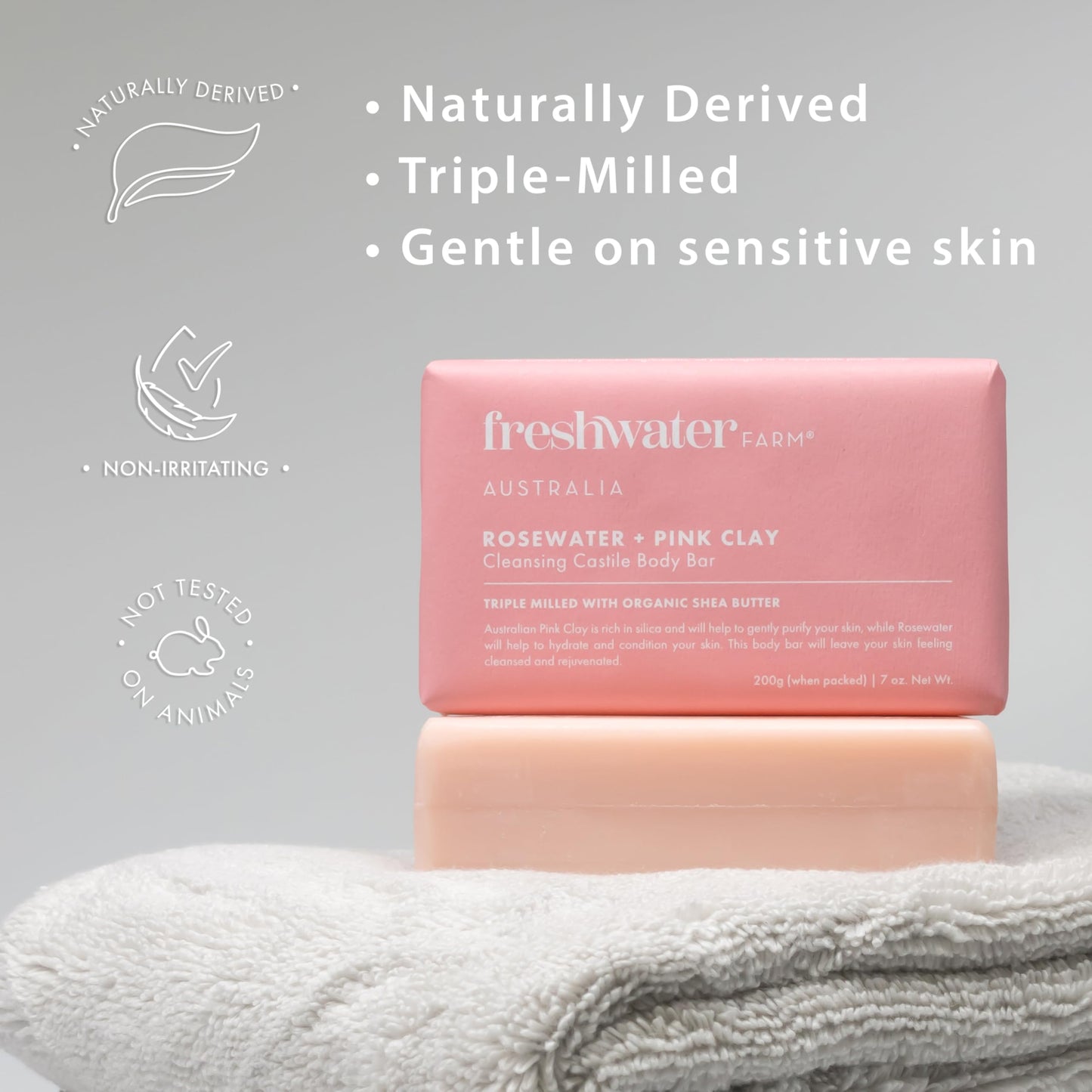 Freshwater Farm Australia Castile Natural Bar Soap | Rosewater + Pink Clay | Australian Made + Family Owned | Triple-Milled with Australian Pink Clay | Recyclable Paper Wrap | 7 oz x 3 pack