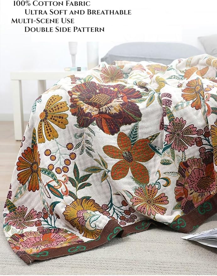 100% Cotton Bed Throw Blankets 60"x80", Versatile Boho Blankets for All Season,Sofa Couch Beding Living Throw Blanket Soft Cozy Farmhouse Muslin Blankte Best Gifts for Women