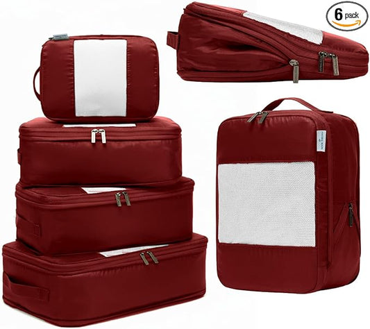6-Pack Compression Packing Cubes Travel Essentials - Lightweight, Water-Resistant Luggage Organizer Bags with Handles, Durable Travel Accessories Suitcase Organizer (Burgundy)