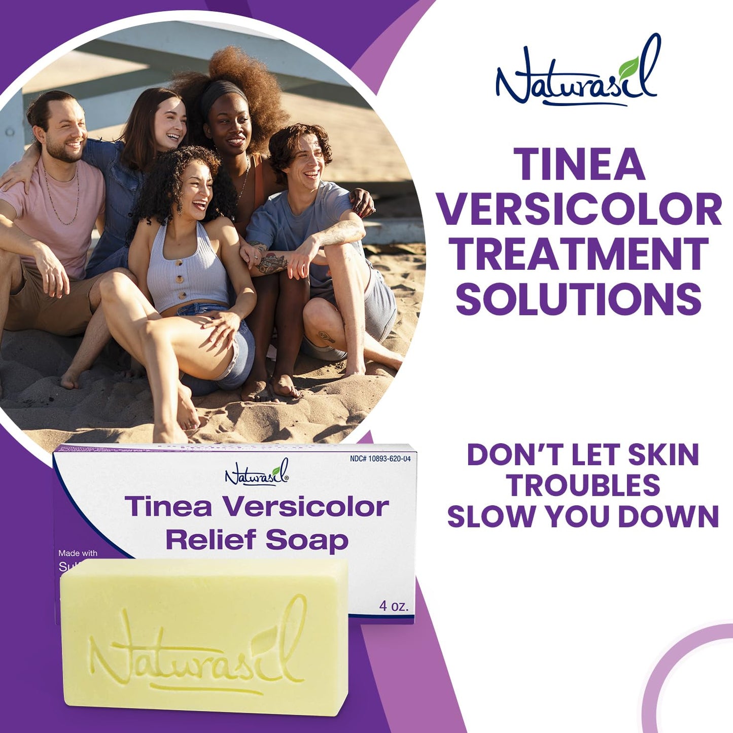Naturasil Tinea Versicolor Treatment Max-Strength 10x Soap | Antifungal Micronized Sulfur | Stops Tinea, Pityriasis, Candida, Ringworm Jock Itch & Irritation | Fast Acting Adult & Kid Safe | 4 oz Bar
