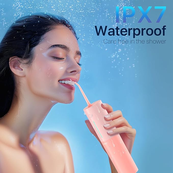 Bigsmile Pink Water Flosser Powerful Cordless Dental Irrigator for Kid Braces Travel Shower to Help Prevent Infections and Bad Breath Pick Floss IPX7 200ML (Pink)