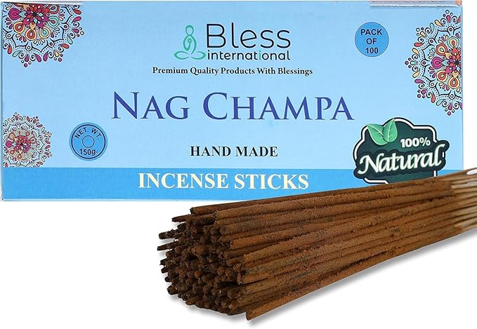 Bless-Nag-Champa 100%-Natural-Handmade-Hand-Dipped-Incense-Sticks Organic-Chemicals-Charcoal-Free Purification-Relaxation-Positivity-Yoga-Meditation Best-Woods-Scent (100 Sticks (5.25 OZ))