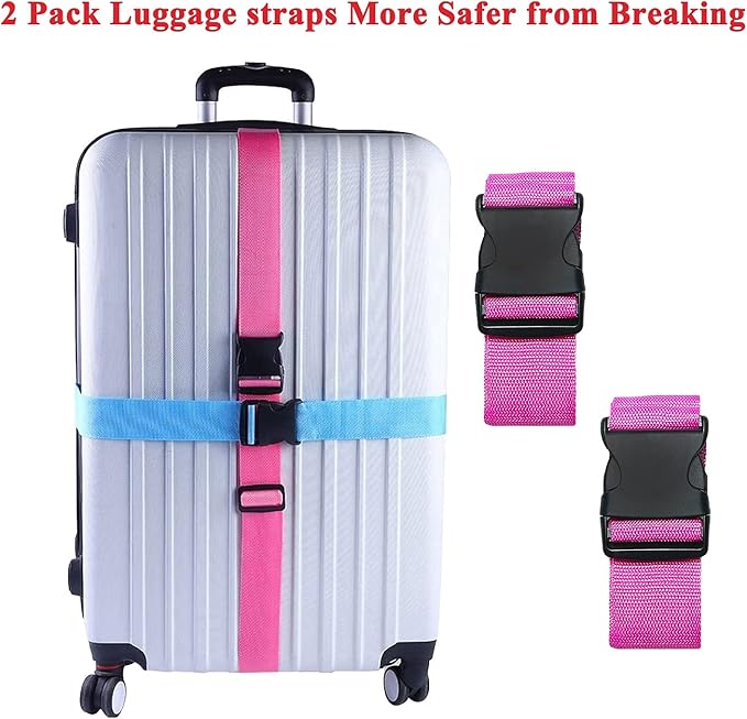 2 Pack Suitcase Belts, Adjustable Luggage Straps, Bright Colors Travel Packing Straps with Quick Release Buckle (Pink)