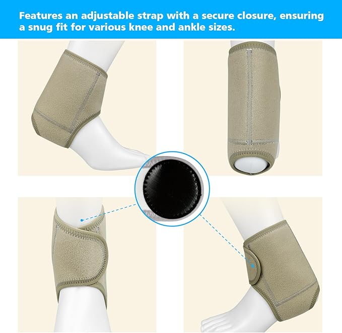 Castor Oil Pack Wrap for Knee and Ankle 2 Pc Pain Relief Wrap Organic Cotton Comfort Flannel Castor Oil Compress Wrap with Storage Bag Reusable Adjustable Strap Universal Fit (Khaki)