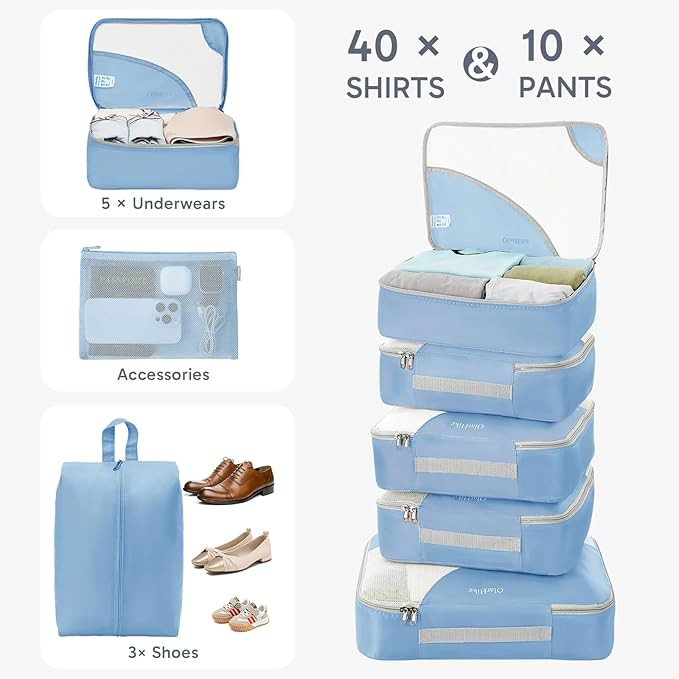 ALL INCLUDED 10 Set Durable Packing Cubes for Suitcases,OlarHike Essentials for Travel,UPGRADED Anti-Tear Stitching, NEW Improved Luggage Packing Organizers for Travel Accessories, Light Blue