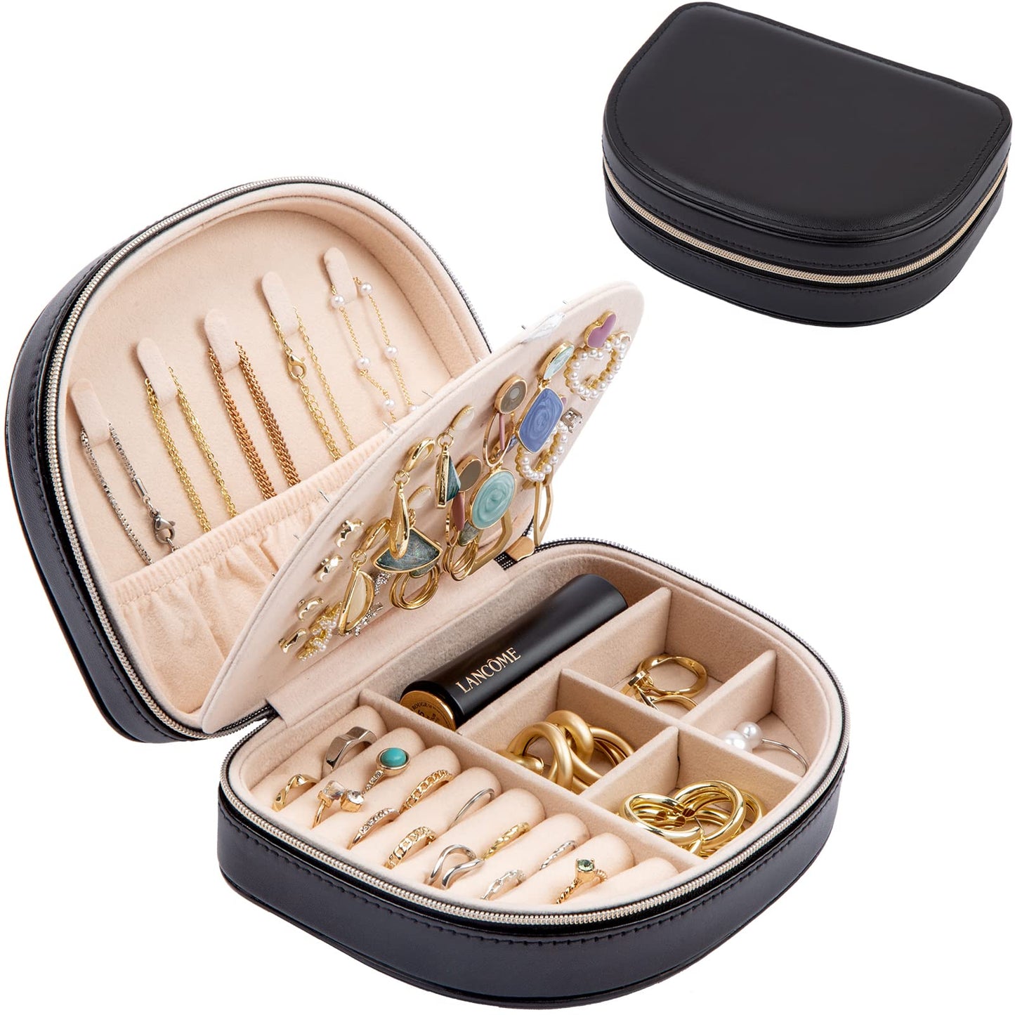 ProCase Travel Size Jewelry Box, Medium Portable Seashell-Shaped Jewelry Case, 2 Layer Jewelry Organizer in PU Leather for Women -Black