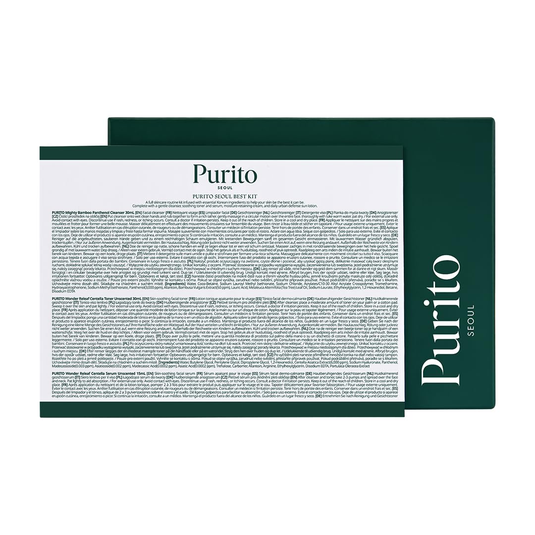 PURITO SEOUL Best Kit - Skincare Routine with Panthenol Cleanser & Cream, Unscented Centella Serum & Toner, For All Skin Types, Gift Set, For Face, Facial Serum, K-Beauty, 3.52 fl. oz.