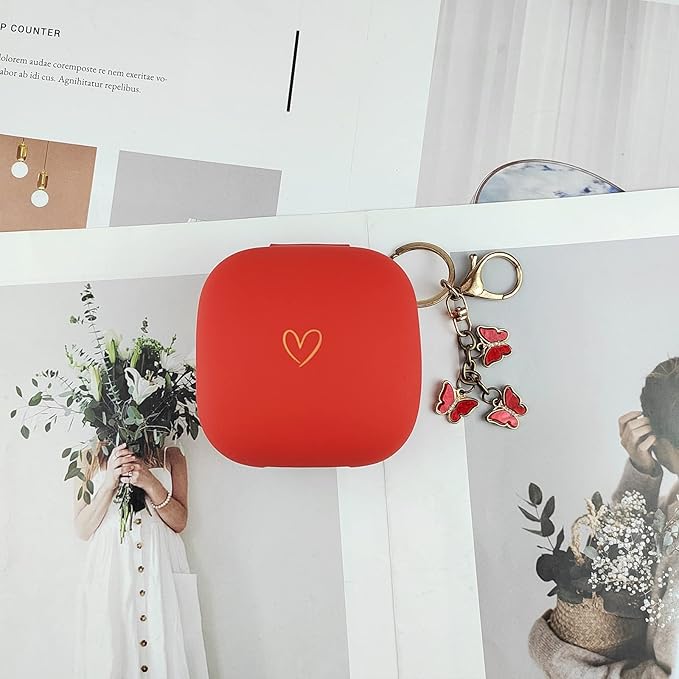 Compatible with Powerbeats Pro, Soft Silicone Case with Gold Heart Pattern for Powerbeats Pro Case with Cute Butterfly Keychain for Girls Women (Red)