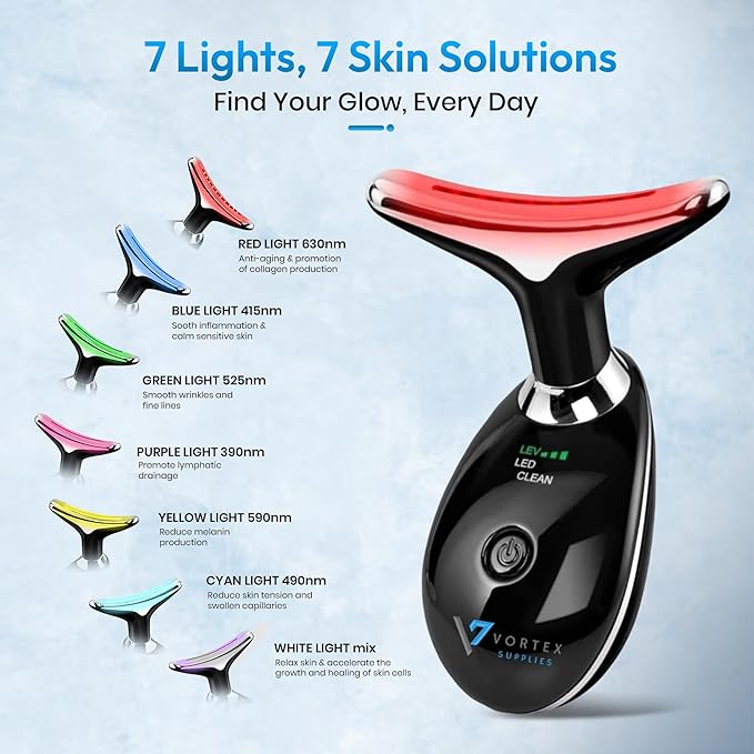 7-in-1 LED Face & Neck Massager – Skin Firming, Anti-Aging, Vibration & Heat Facial Tool for Home Use – Red & Blue Light Therapy – Model ES-1081