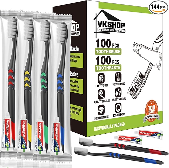 120 Pack Disposable Toothbrushes with Toothpaste,Individually Wrapped for Adults,Travel, Hotel,Donation,Homeless Shelters,OCC Care Packages - Medium Bristle (Black)