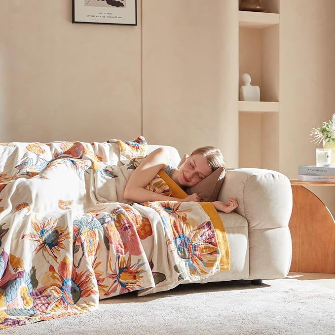 King Throw Blanket for Bed 100% Cotton Boho Ultra Soft Rustic Quilt Butterfly and Floral Double Embroidery Fall King Bed Blanket,90"×108" All Season Blankets for Bedding Couch