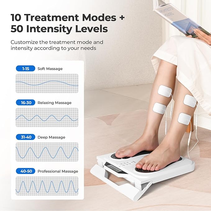 KNQZE EMS Foot Massager for Neuropathy, TENS EMS Foot Nerve Circulation Stimulator for Pain Relief, 10 Modes and 50 Intensities, 4 Body Pads, Relieve Swelling, Cramps, Plantar Fasciitis