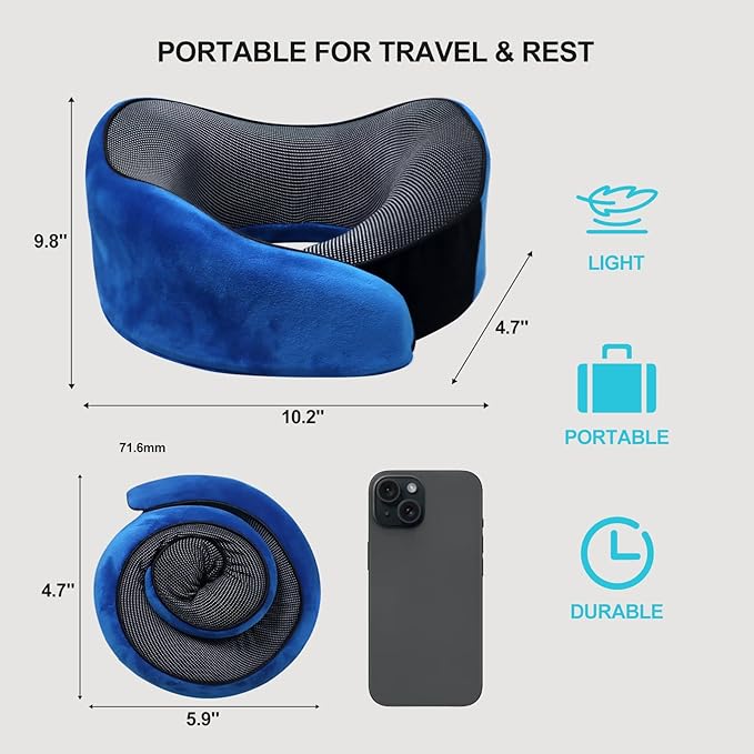 Travel Neck Pillow for Airplanes, 360°Support Neck Pillow for Traveling, Memory Foam Travel Pillows Portable Long Flight Essentials with Washable Cover for Car, Trains, Office (Blue)