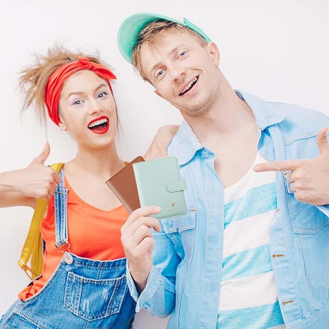 Cnycmy Passport Holder with RFID Blocking, Cash Pocket & Back Zipper Coin Pocket - Travel Document Holder, Magnetic Button, Multiple Card Slots - Soft PU Leather for Men and Women(AQUA GREEN)