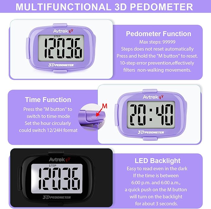 3D Step Counter Clip On with LED Backlight Pocket Pedometer for Walking Outdoor Activities Fitness Tracker Without Smartphone