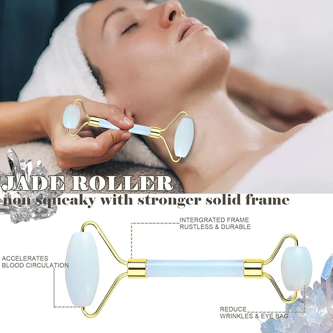 Jade roller and gua sha, facial roller, women's skincare tool, self-care gift, face, eye, neck massager, relieves fine lines and wrinkles, aventurine, opal, rose quartz