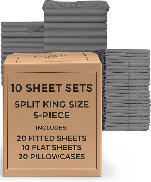 Bulk Case Pack of 10 Sheet Sets - (10) Complete Sheet Sets - Bulk Split King Bedding - Wholesale Case Pack for Hotels & Airbnbs - Deep Pocket & Fade Free - Cooling & Breathable - Split King, Dark Grey