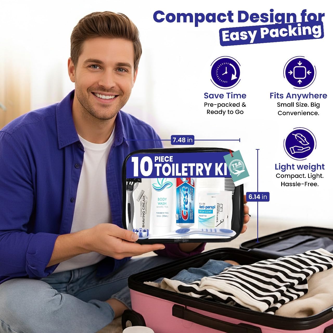 Trektote Travel Toiletry Kit For Men And Women – 10 Piece Set of Travel Size Toiletries, TSA Compliant, Includes Body Wash, Deodorant, Shaving Cream And Razor, Oral Care, Reusable Toiletry Bag & More