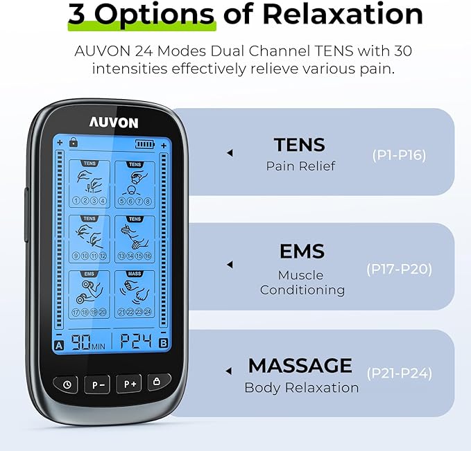 AUVON 3-in-1 TENS Unit Muscle Stimulator, Dual Channel Electronic Pulse Massager, TENS EMS Machine, 24 Modes Muscle Massager for Pain Relief Therapy, EVA Travel Case, 12 Pcs TENS Unit Electrodes Pads