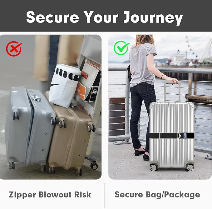 2-in-1 Travel Belt for Luggage Over Handle, Luggage Belt for Carry on Bag, Suitcase Straps, Add a Bag Bungees Luggage Straps Adjustable with Alloy Buckle,Hands-Free for Airport (Black, 2 Pack)